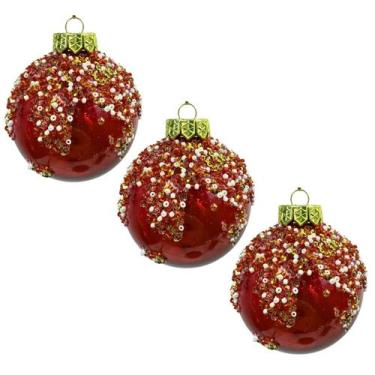Imagem de Kit 3 Bolas Natal Vermelhas 8cm Decoradas Pérolas Miçangas Enfeite Lux