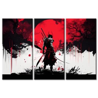 Imagem de Pintura de parede do sol vermelho e o samurai 3 peças arte de parede em tela samurai da idade média para sala de estar pôsteres de samurai arte de parede em tela emoldurada para quarto emoldurado