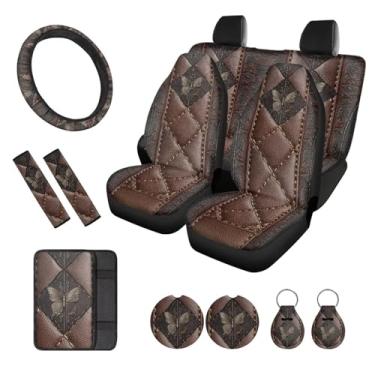 Imagem de Wanzuoeng Conjunto de capa de assento automotivo com estampa de borboleta, costas altas, capas de assento de carro, almofada de cinto de segurança, capa de volante, almofada de console central para a