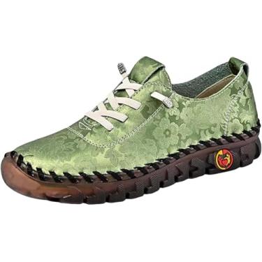 Imagem de Tênis feminino de couro macio sem cadarço, mocassim moderno, feito à mão, bordado floral, tênis de caminhada, Verde, 37 BR