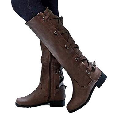 Imagem de Bigfanshu Botas femininas de couro na altura do joelho moda alça cruzada inverno salto baixo longo lateral ocidental fivela com zíper, Marrom-escuro, 9