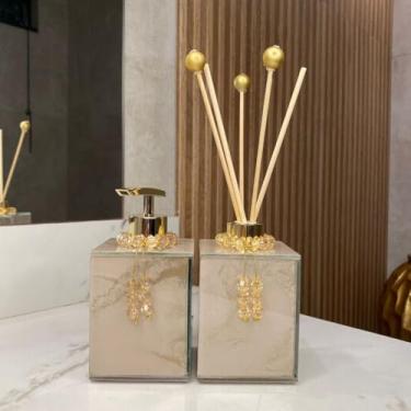 Imagem de Saboneteira e Aromatizador Efeito Mármore 250ml - Porta Sabonete Liquido Decorativo (Rose e Dourado,Sem Colar)