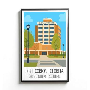 Imagem de LCGifts Pôster Fort Gordon Georgia - Ilustração do Centro Cibernético de Excelência - Arte Base de Tecnologia do Exército dos EUA - Decoração de parede patriótica - Design de pôster estilo viagem