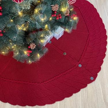 Imagem de Saia tricotada para árvore de Natal de 121 cm com estampa de ponto de sereia e botões de escama de peixe, lavável na máquina, vermelha