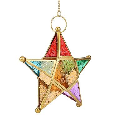 Imagem de GLOGLOW Lanterna Estrela Marroquina, Suporte de Vela Suspenso de Vidro Colorido, Luminária Decorativa Vintage de Ferro para Uso Em Jardim Doméstico e Pátio (Ouro)