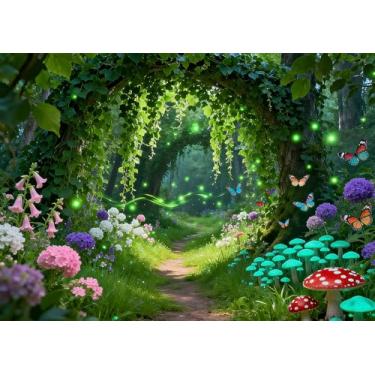 Imagem de DePhoto 2,8 x 1,8 m de primavera, cenário de floresta encantada, jardim das maravilhas com borboleta, fundo de vaga-lume para decoração de festa de aniversário de fada de primavera