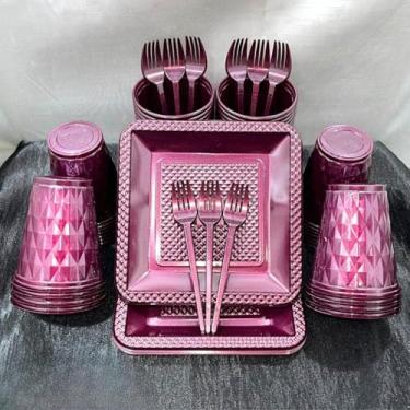 Imagem de Conjunto de luxo descartável para festas de aniversário com 260 peças Pratos quadrados de plástico colorido com efeito perolado Cores doces (Marsala Perolado)