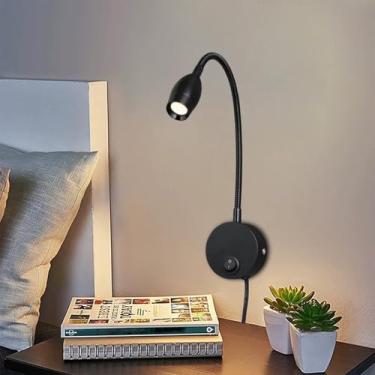 Imagem de GZZBMY LED apliques de parede com interruptor e tomada cabo candeeiro de leitura flexível pescoço de cisne giratório 360° iluminação de parede para quarto sala de estar hotel (preto, luz neutra)