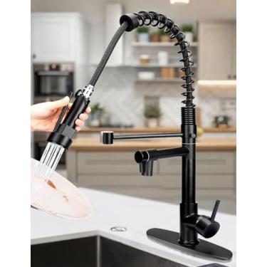 Imagem de Torneira de cozinha preta com pulverizador de puxar para baixo, serimer Torneira de pia de cozinha de alta pressão Torneiras de cozinha comerciais de duas cabeças para trailer, casa de fazenda, barra