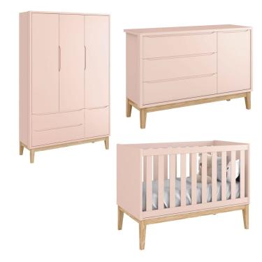 Imagem de Jogo De Quarto Para Bebê Completo 3 Portas Classic New Rosa Fosco Com Natural - Reller