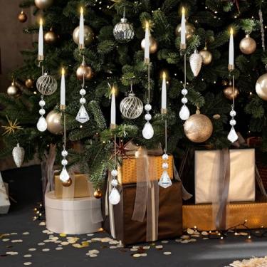 Imagem de Tuanse 24 conjuntos de velas de árvore de Natal sem chama, velas afuniladas de LED com gancho de bola de cristal para enfeite de árvore de Natal, castiçal de luz cintilante operado por bateria, sem