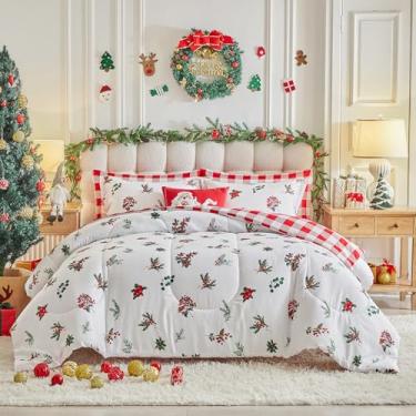 Imagem de Conjunto de edredom de Natal, tamanho Queen, branco, azevinho, folhas verdes, 3 peças, listras natalinas, reversível, vermelho, xadrez, guingão, conjunto de cama de microfibra macia para ano novo