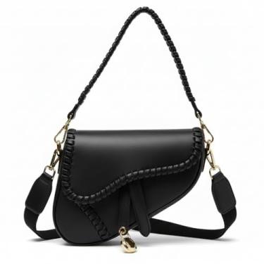 Imagem de Landotter Bolsa feminina transversal com alça destacável, bolsa de ombro pequena de couro genuíno macio para mulheres, Preto