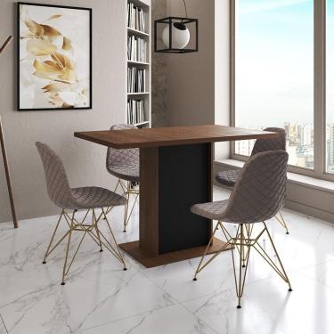 Imagem de Mesa Jantar Londres Tampo Amêndoa 120Cm Base Preta 4 Cadeiras Base Dourado Estofado Nude Médio