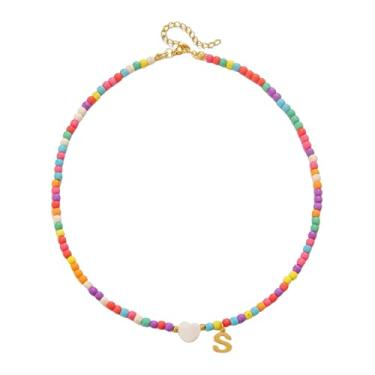 Imagem de Gargantilha feminina com contas de ouro 18 quilates - pingente de letra colorida de aço inoxidável impermeável - joia com pingente de alfabeto personalizado - Presente personalizado delicado para