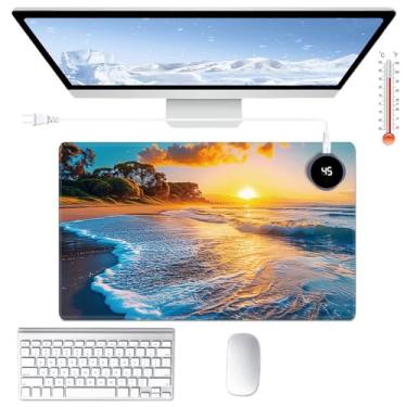 Imagem de Tapete de mesa aquecido grande tapete de rato 60 x 35,8 cm com 3 níveis de aquecimento e desligamento automático tapete de rato quente couro PU computador mousepad para trabalho em casa escritório