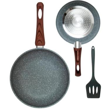 Imagem de Conjunto de 2 Frigideiras Antiaderentes com Espátula, Revestimento Granito, Cabo Ergonômico em Madeira, Utensílios de Cozinha (Cinza)