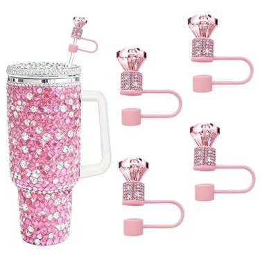 Imagem de JIASHEBDE Conjunto de 4 peças de topo de palha de diamante brilhante, bonés de palha de strass elegantes compatíveis com copos Stanley de 850 g 1,134 g, presente compacto perfeito para mulheres (rosa)