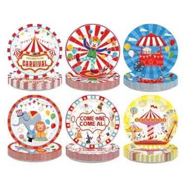 Imagem de Greencian 60 peças de pratos de papel de carnaval, 23 cm, resistentes, descartáveis, carnaval, circo, sobremesa, decoração de festa para crianças, meninos, meninas, aniversário, chá de bebê, artigos