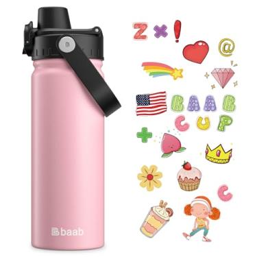 Imagem de baab Garrafa de água infantil de 510 g, garrafa de água infantil isolada com tampa de bico bloqueável e adesivos, copo de água infantil à prova de vazamento de aço inoxidável 18/8 com alça para
