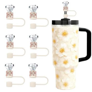 Imagem de JIASHEBDE Conjunto de topo de palha de diamante para Stanley Cup 850 g 1,134 g, tampas de strass brilhantes, capas de silicone reutilizáveis à prova de poeira para presentes femininos (6 peças