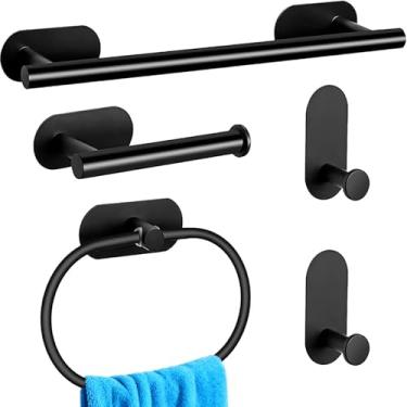 Imagem de Conjunto de ferragens de banheiro, suporte de toalha de banheiro de 40 cm com suporte de papel higiênico, anel de toalha, gancho de toalha, acessórios de banheiro para cozinhas, lavanderias (5, preto)