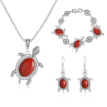 Imagem de RLHRNDE Conjunto de joias boho turquesa para mulheres e homens vintage boêmio tartaruga pingente colar pulseira brincos pendentes brincos feitos à mão moda fantasia joias oceano entusiasta conjunto de