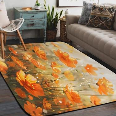 Imagem de Tapete de área para sala de estar, lavável à máquina, arte, flor, laranja, tapete antiderrapante, tapete macio para sala de estar, quarto, sala de jantar, berçário, cozinha, decoração de casa