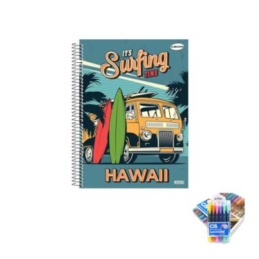 Imagem de Kit Caderno Masculino 1 Matéria Capa Dura 96 Folhas + Caneta Trigel Metálica 10 Cores + Marca Texto Gel 6 Cores