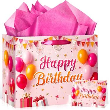 Imagem de Bolsa de presente de aniversário rosa laranja para mulheres, meninas, balão, caixa de presente, decoração de festa de aniversário, saco de presentes com papel de seda, sacos de presentes de festa rosa