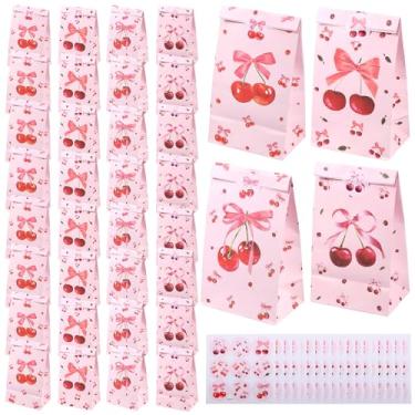 Imagem de ZJMCAJY 36 peças de sacos de lembrancinhas de cereja, sacos de brindes de festa de cereja com adesivos, lindo laço rosa pequeno saco de presente de doces para chá de panela, aniversário