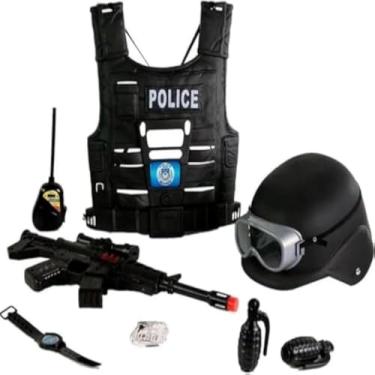 Imagem de Kit infantil policial com colete, rifle, algemas e acessorios, pratico.