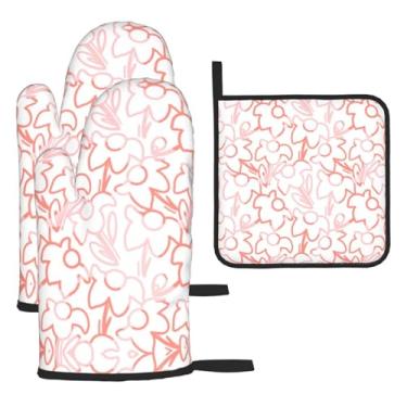 Imagem de Padrão de coloração de flores – Conjunto de cozinha essencial com 3 peças, luvas resistentes ao calor e aderência da tampa, proteção para churrasco no forno, design de armazenamento suspenso.