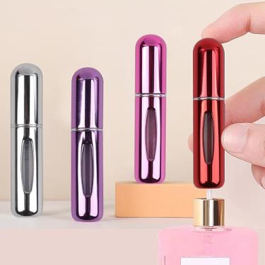 Imagem de Pacote com 4 minifrascos atomizadores recarregáveis portáteis de 5 ml para viagem e perfume, spray, pequeno spray de perfume para viagens e saídas, Prata, rosa, roxo, vermelho