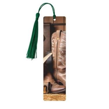 Imagem de Chapéu preto de caubói botas ocidentais estampadas marcadores de página de madeira personalizados, acessórios de livros exclusivos para homens e mulheres, atende a todas as necessidades dos amantes de