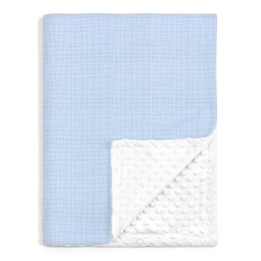 Imagem de Cobertores de bebê para meninos, cobertores macios com musselina e lã pontilhada nas costas 76 x 101 cm, colcha de cama para recém-nascidos, bebês e crianças pequenas (azul claro)