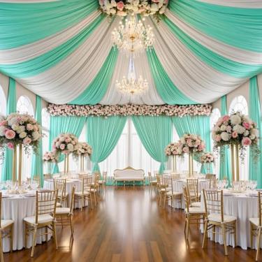 Imagem de PartyVillage 2 painéis de 1,5 m x 6,1 m, cortinas de teto verde-menta para festas de casamento – 6 m de poliéster grosso extra longo sem rugas, decoração de barraca para festas de aniversário