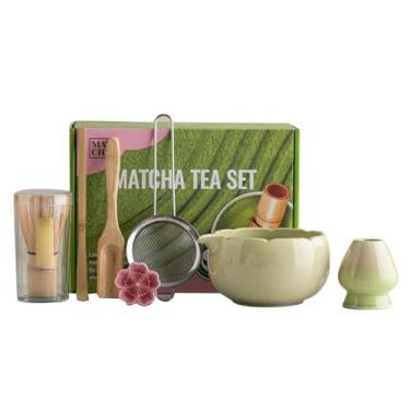 Imagem de MAVIS LAVEN Conjunto de Chá Matcha, Tigela de Cerâmica Completa de 500ml Com Bico, Batedor de 76 Pontas, Coador, Descanso para Colher, Com Porta Colher e Batedor, para Cerimônia Tradicional (GREEN)
