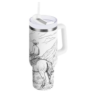 Imagem de STAYTOP Copo de caubói norte-americano de 850 g com tampa e canudo, copo isolado de aço inoxidável durável à prova de vazamento com alça, garrafas de água à prova de derramamento para viagens