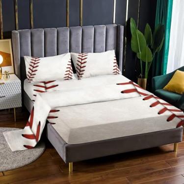 Imagem de Nttopship Jogo de cama solteiro de beisebol, 4 peças, com bolsos profundos, decoração de quarto esportivo, 4 peças (1 lençol + 1 lençol + 2 fronhas)