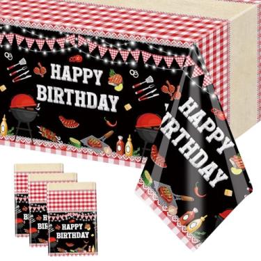 Imagem de MEHOFOND Pacote com 3 toalhas de mesa de plástico de aniversário para churrasco, 274 x 137 cm, capa de mesa descartável para churrasco, decoração de festa de aniversário, decoração de festa retangular