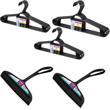 Imagem de Conjunto de 2 Rodo Plástico Multiuso Preto com Raspador 18cm + 3 Cabide Plástico Adulto Roupas Médias – Leve 6 Pague 5