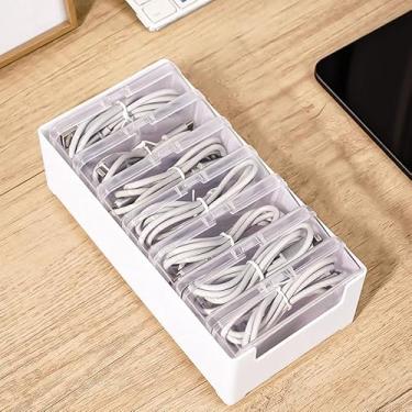 Imagem de Caixa organizadora de cabos com 7 compartimentos, base branca com caixa transparente, organizador de cabos de alimentação para armazenamento de acessórios de carregador de cabos, gaveta de mesa, uso