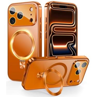 Imagem de TOBOVON Capa magnética para iPhone 17 Pro Max com suporte de anel, serve para MagSafe, com protetor de lente de câmera integrado, capa de telefone fina galvanizada à prova de choque, laranja