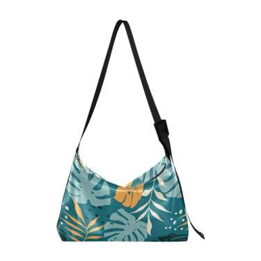 Imagem de Linda bolsa de ombro de couro PU colorida de animais exóticos Hobo bolsa grande transversal com folha gráfica bolsa de ombro, Folha tropical verde natural