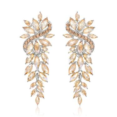 Imagem de Crysdue Brincos pendentes de candelabro de strass, brincos de cristal marquise para noivas, noivas, mulheres, joias formais de formatura, Zinco, Cristal