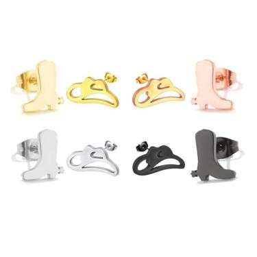 Imagem de Dreuyet 4 pares de botas ocidentais e brincos de chapéu para mulheres meninas minúsculos assimétricos cowboy cowgirl botas de aço inoxidável minimalistas joias ocidentais altamente polidas, Aço