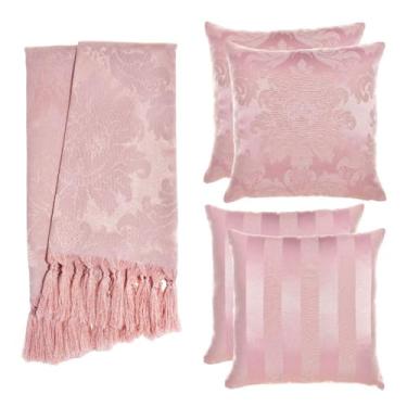 Imagem de Kit Manta para Sofá Jacquard 1.8x1.4m + 4 Capas de Almofada 45x45cm - Conjunto Protetor e Decorativo com Franjas Artesanais(Rosa Envelhecido 147)