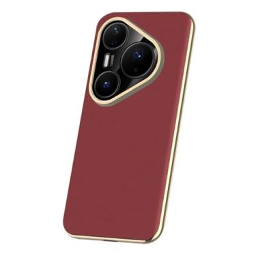 Imagem de LTLMYDAM Capa fina para Huawei Pura 80 Ultra/80 Pro/80 Pro+/80, capa de telefone de luxo galvanizada, com lente completa, capa de couro genuíno, vermelha, 80