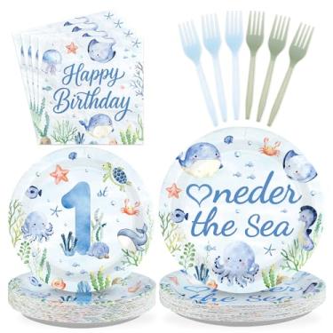 Imagem de Greencian 96 peças de artigos de festa debaixo do mar, azul, pratos e guardanapos de 1º aniversário, conjunto de utensílios de mesa descartáveis com tema Oneder the Sea para decoração de festa de chá